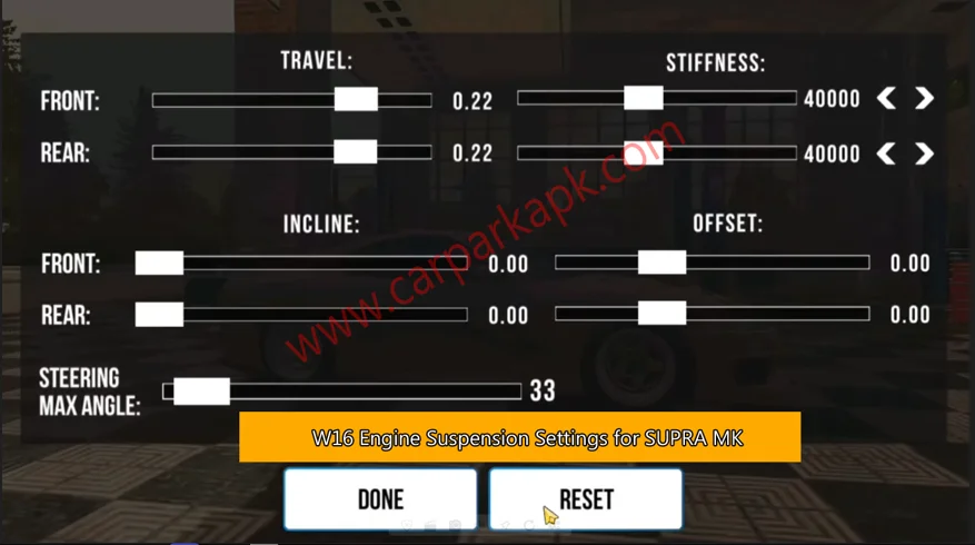 W16 Engine Suspension Settings in Car Parking Multiplayer MOD apk
